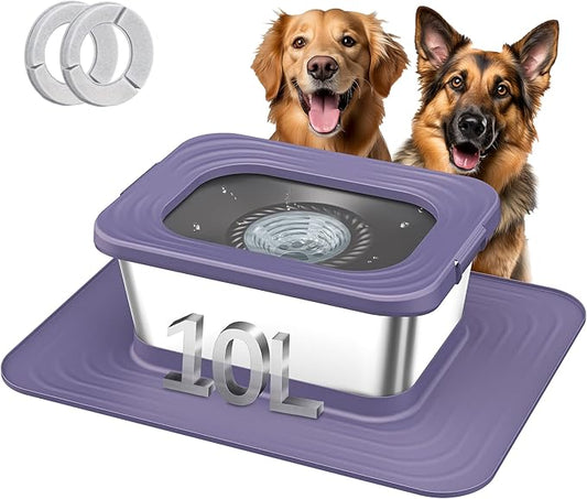 Decflow 10L Stainless Steel Dog Water Bowl, No Spill Anti-Splash Dog Bowls with XXL Silicone Mat, Spill-Proof Slow Feeder for Messy Drinkers, Heavy Duty Pet Bowls for Indoor/Outdoor Use Purple