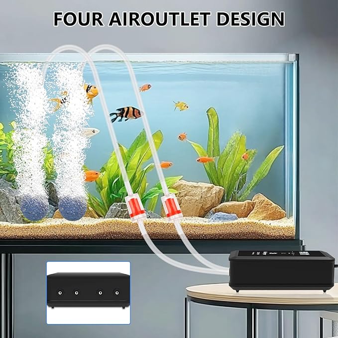 fishkeeper Aquarium Air Pump, 12W 320GPH Ultra Quiet Fish Powerful Fish Tank Air Pump with Four Outlet Adjustable Oxygen Aerator Pump with Air Stone Bubbler for 30-600 Gallon Tanks