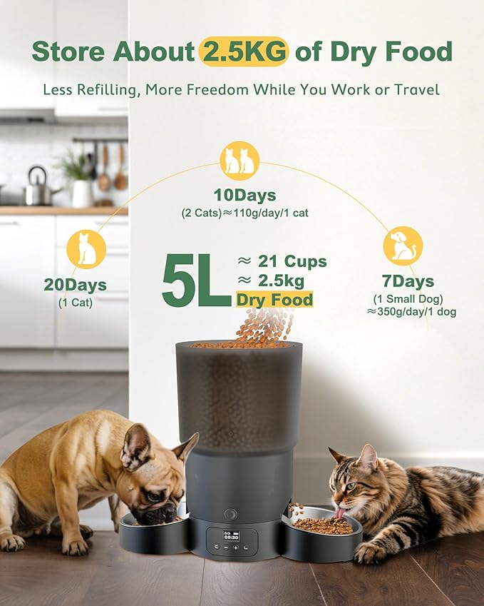 Gimars 5L Automatic Cat Feeder for 2 Cats, Programmable 1-6 Meals Cat Food Dispenser with Stainless Steel Bowl, Easy Setup, Dual Power Supply,10s Meal Call Timed Pet Feeder for Cats and Small Dogs