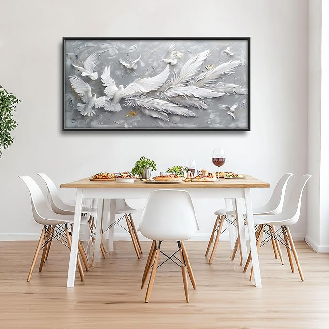 Quorin Feather Dove Bird Large Wall Art White Gray Holy Wings Pictures Peaceful Birds Flying Wall Decor Canvas Print Painting Artwork for Bathroom Living Room Bedroom 60L x 30W