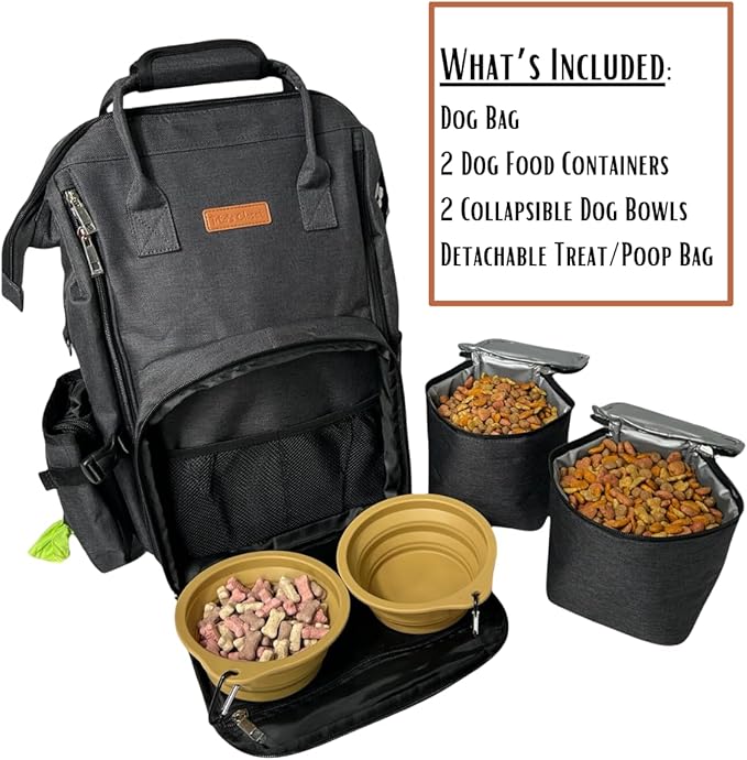 Tito's Closet Dog Travel Bag Includes Dog Travel Accessories 2-Pack Dog Travel Bowl, 2 Dog Food Containers, Dog Treat Bag (Black), DB2024