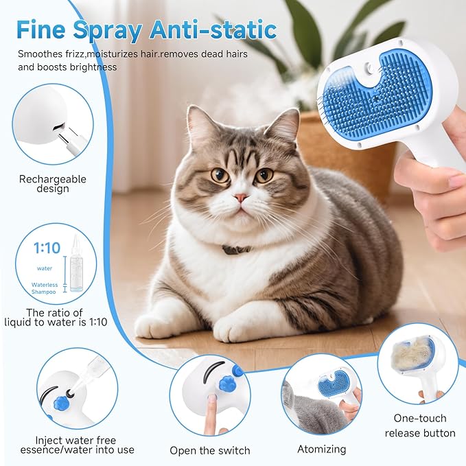 Pet Steam Brush for Dog & Cat - 3-in-1 Steam Grooming Brush for Shedding & Hair Removal - Self Cleaning Spray Comb with Mist for Long Haired Pets - Includes 2*Waterless Shampoo, Blue