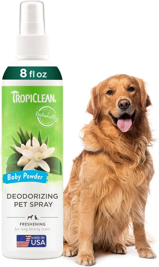TropiClean Dog Perfume, Long Lasting Baby Powder Cologne, Deodorizing Spray for Smelly Dogs, After Bath Detangling Spray with Vitamin E, Safe for Cats, 8oz.