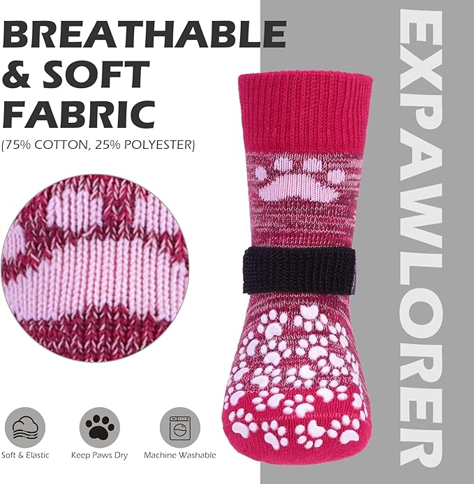 EXPAWLORER Anti Slip Dog Socks to Prevent Licking Paws, Dog Shoes for Hot Pavement, Dog Booties for Small Medium Large Senior Dogs, Traction Control Boots & Paw Protectors for Hardwood Floors Rose