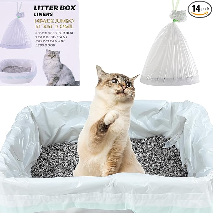 Suhaco Cat Litter Box Liners, Litter Pan Disposable Bags 2 Mil Thickened Cat Litter Liners with Drawstring Weekly 14 Large Pack Litter Bags for Easy Cleaning (L (Pack of 14))