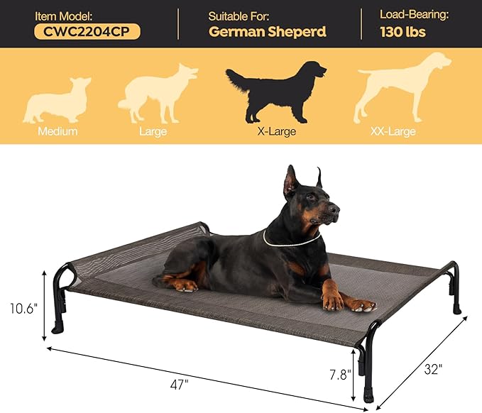 Veehoo XL Outdoor Elevated Dog Bed, Raised Dog Cot for Extra Large Dogs, Cooling Washable Waterproof Pet Hammock Beds with Slope Headrest, Breathable Mesh and Sturdy Frame, X-Large, Brown, CWC2204