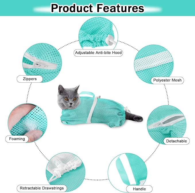 JULMELON Cat Washing Bag 10 PCS Set, Adjustable Cat Shower Net Bag and Pet Grooming Brush with Nail Clipper Nail File Hair Combs Tick Tool Nail Caps for Bathing Nail Trimming Examination(Pink+Green)