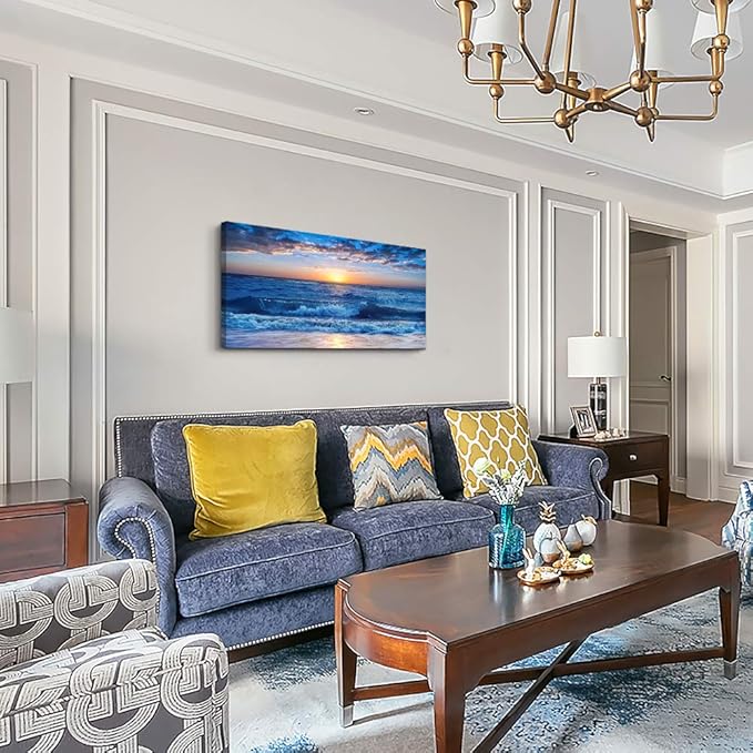 Canvas wall art for living room Blue Ocean Sea sun landscape painting bathroom Wall Decor Ready to Hang for Home Decorations office family bedroom kitchen Works canvas Prints pictures 30" x 60"inch