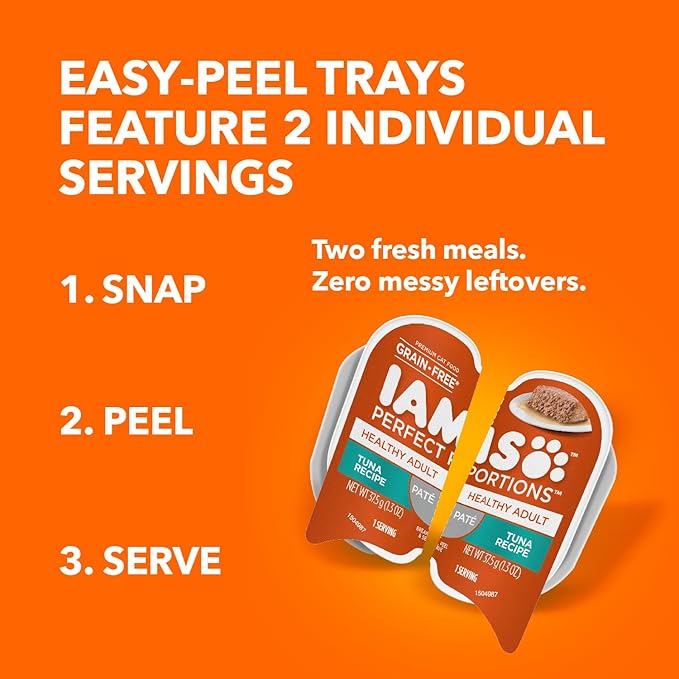 IAMS Perfect Portions Healthy Adult Grain Free Wet Cat Food Pate, Tuna Recipe, 2.6 oz. Easy Peel Twin-Pack Trays (24 Count, 48 Servings)