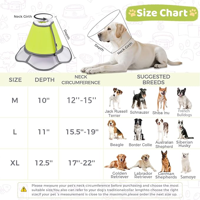 Soft Dog Cone Collar After Surgery Recovery,Adjustable E-Collar with Removable Shield,Lightweight,Breathable Anti-Licking Protective Cone for Large,Medium,Small Pets (Neon Green, M (Neck:12''-15''))