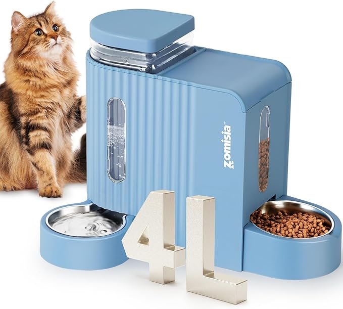 Gravity Cat Feeder and Water Dispenser with 304 Stainless Steel Bowls, 2 in 1 Automatic Cat Feeder with 180 Degree Rotatable Water Bowl, Large Capacity for Puppy Kitten Rabbits, Blue