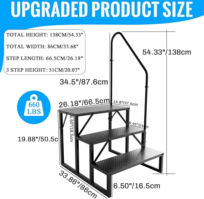 RV Step Stool, 3 Step Ladder, Hot Tub Steps with Handrail, Portable Pool Ladder, 660Lbs Heavy Duty Ladder Shelf Outdoor Mobile Home Stairs for Camper/Porch/SPA Pool/Pet Stairs(1 Pack)
