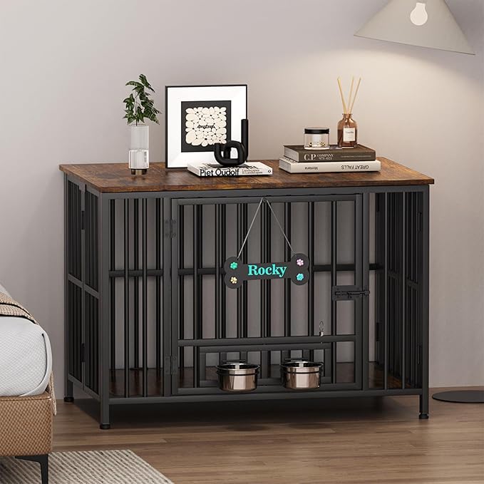 Easycom 31" Dog Crate Furniture Foldable, No Assembly Decorative Dog Kennel Indoor, Dog Crates for Small Dogs (20-40 lbs), Wooden Dog Cage with Adjustable Bowls and Name Tag, End Table, Rustic Brown