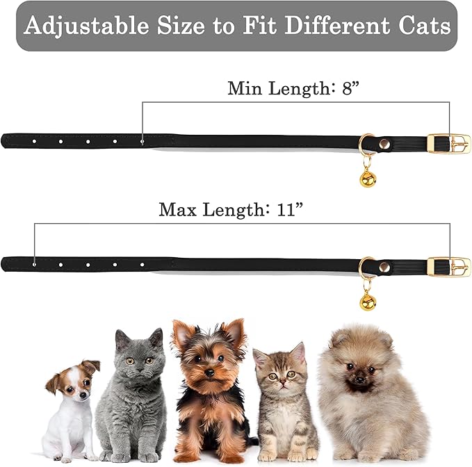OOPSDOGGY Rolled Leather Cat Collar with Bell - Reflective Kitten Collar with Safety Elastic Strap - Adjustable Small Pet Collars for Boy Girl Cats (Black)
