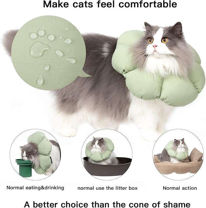 Cat Cone Collar,Cute Waterproof Cat Recovery Collar,Anti-Bite Lick Wound Healing Safety Elizabethan e Collar for Cats,Green Flower All-Season Style