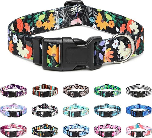 Mercano Adjustable Dog Collar - Special Design Patterns, Soft Nylon Comfortable Durable Pet Collar for Small Medium Large Dogs (M, Floral Orange)