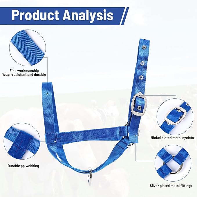 XUANNIAO Easily Adjustable Figure 8 Cow Halter, Double-Ply Premium Livestock Cattle Halters, Colorful Cow Utility Calf Halter with Leading Rope for Miniature Horse Donkey Goat Foal (Medium, Blue)