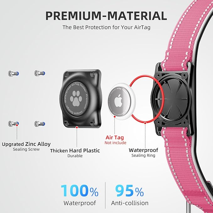Airtag Dog Collar - 100% Waterproof Air tag Dog Collar Holder for Apple AirTag, Reflective, Soft Padded, Everlasting, GPS Dog Collar for Small Medium Large Dogs (Hot Pink, L)