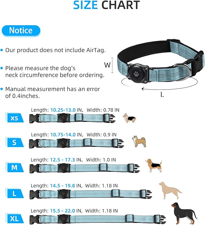 Upgraded AirTag Dog Collar, IP68 Waterproof Air Tag Dog Collar Holder, Reflective, Ultra-Durable, Comfortable Padded, Heavy Duty Dog Collars for Small Medium Large Dogs (XL (15.6"-22"), LightBlue)
