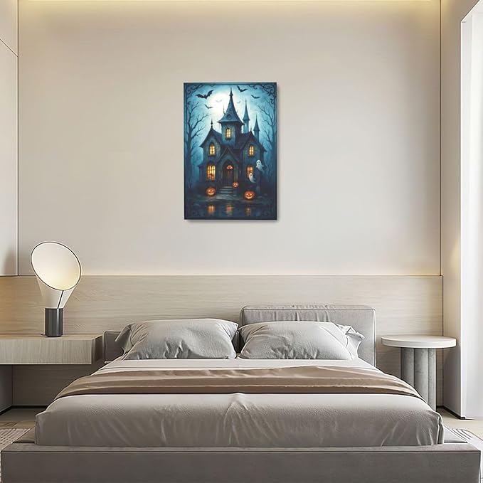 Halloween Gothic Wall Art Castle Pumpkin Ghost Bat Canvas Wall Decor Dark Academia Pictures Painting Print Framed Artwork Decorations Gifts for Halloween Living Room Bedroom Office 16"x24"