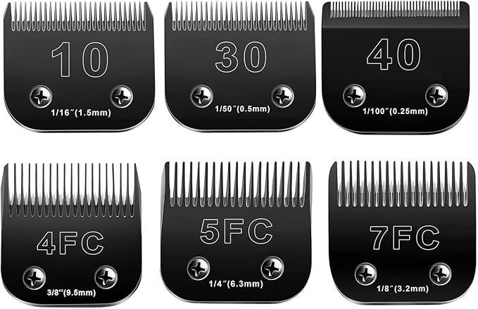 10 Blades Dog Grooming Blades Compatible with Andis/Oster A5/Wahl KM-10 Series Dog Clippers,Detachable Clipper Replacement Blade (6PCS Black-#10+30+40+4FC+5FC+7FC)