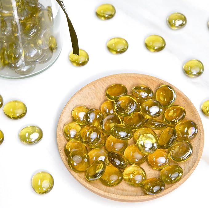 FUTUREPLUSX 1LB Yellow Glass Marbles, Flat Marbles Glass Beads Vase Fillers Decorative Rocks Gold Gemstones for Centerpieces Aquarium Table Scatter Home Decor