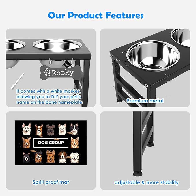 Elevated Dog Bowls, 10" Tall Height, Raised Bowl Stand with 2 Stainless Steel Food Feeder Bowls (58oz) and Spill-Proof Mat for Medium Large and Small Breeds