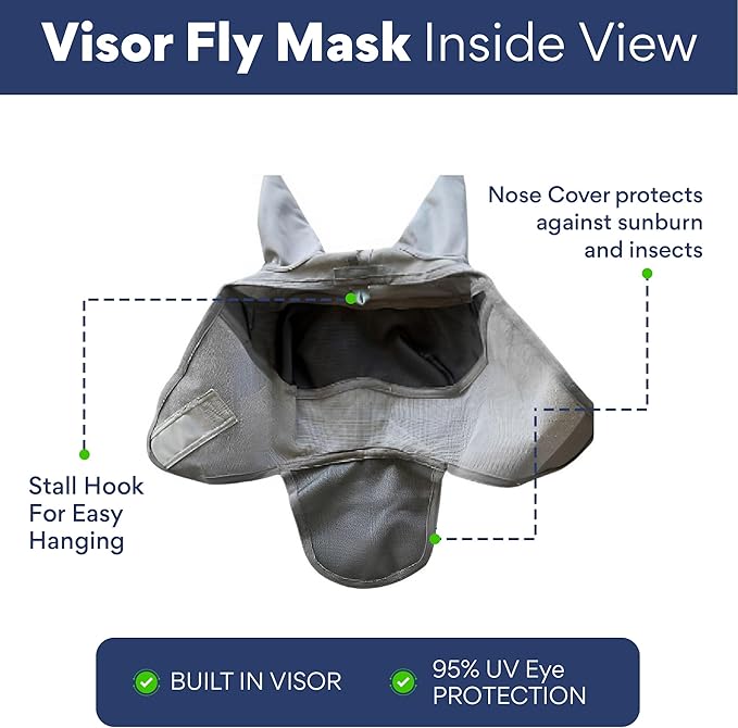 Horse Fly Mask with Nose Cover and Ears | 95% UV Eye Protection | Built-in Visor | Breathable, Lightweight Mask | Adjustable Fit for Comfort Horse Medium/Large Size