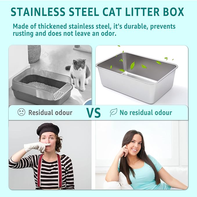 Stainless Steel Litter Box 2 Pack,Metal Litter Box for Cat Easy to Clean,Medium Cat LitterBox for Cats/Kitty/Rabbit,Metal Cat Toilet for Kitten,Non Stick, No Smell,17.7" L x 13.8" W x 6" H