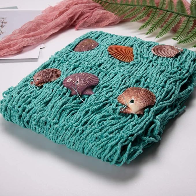 Nature Fish Net Wall Decoration with Shells, Ocean Themed Wall Hangings Fishing Net Party Decor for Pirate Party,Wedding,Photographing Decoration (2pack-Aqua/Aqua)