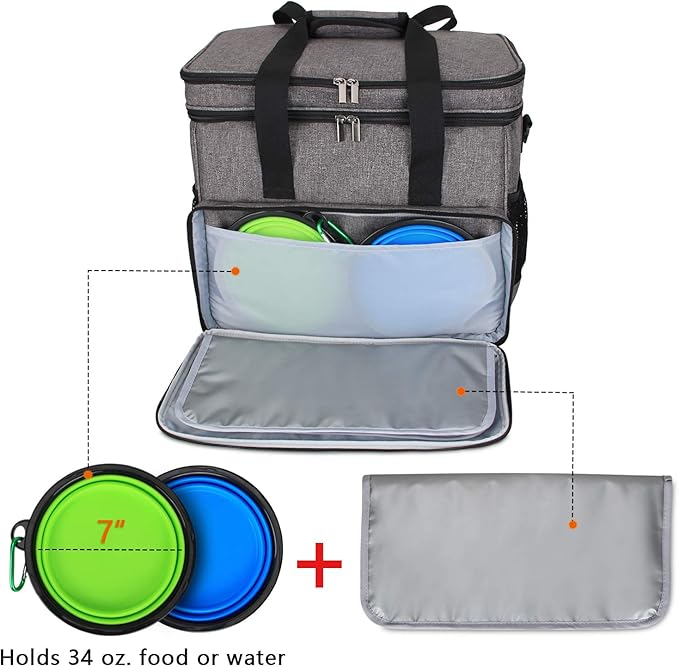 Teamoy Double Layer Dog Travel Bag, Dog Bag for Supplies with 2 Silicone Collapsible Bowls, 2 Food Carriers, 1 Water-Resistant Placemat, Pet Supplies Weekend Tote Organizer (Large, Gray)