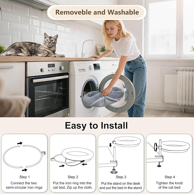 Cat Desk Bed with Summer Colling Mat, 360° Rotating & Height Adjustable Indoor Cat Nest, Large Desktop Cats Perch for Home Offcice Space Saving, Supports Up to 40 lbs, Machine Washable Removable Cover