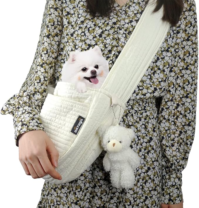 NATUYA Small Dog Carrier Sling Cat Sling,Adjustable Strap Hand Free Pet Puppy for Outdoor Traveling Subway (White, Canvas)