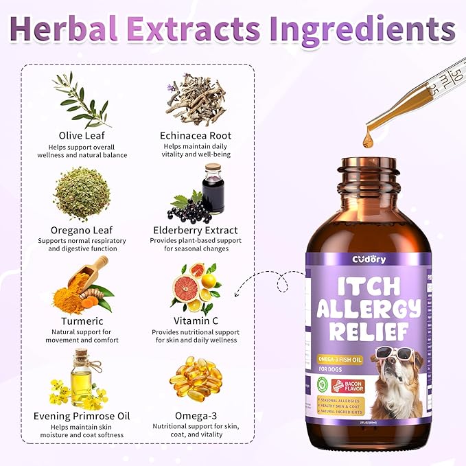 Dog Allergy Relief Drops, Skin & Coat Support with Fish Oil and Omega-3, Natural Immune Supplement for Dogs – Seasonal Allergy & Itchy Skin Care – Soothes Sensitive Skin, Itch Relief for Dog, 2 Fl oz