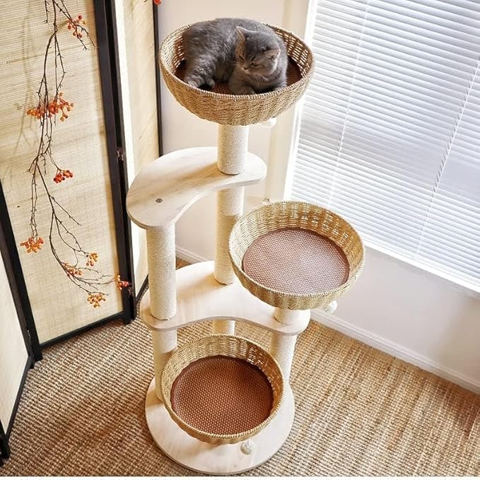 Modern Wood Rattan Cat Tree for Large Cats, Luxury Multi-Level Oak Solid Wood Cat Trees Towers，w/3 Weaving Cat Nests & Washable Cushions, Sisal Scratching Posts, for Indoor Large Cats-No paint/wax oil