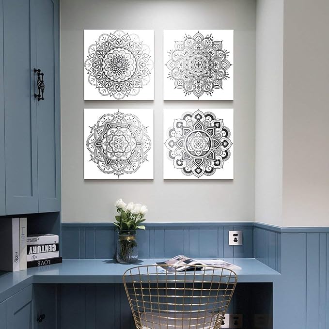 Black and white art Decorative pattern Canvas Wall Art for Living Room Bedroom wall decor Bathroom decorations,4 piece Modern Home decoration inspirational wall paintings Posters Pictures artwork