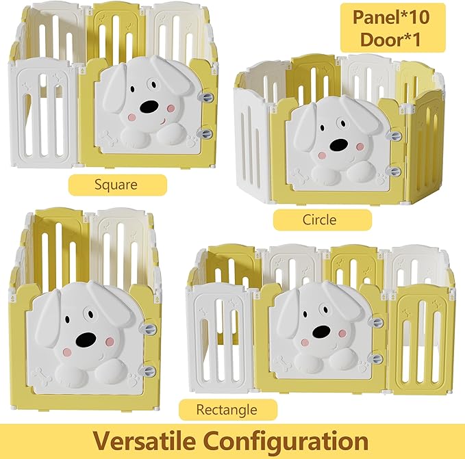 Foldable Dog Play Pen Indoors, Non-Slip Sturdy Puppy Playpen with Door, 25.5" H 10-Panel Adjustable Shape Dog Fence Pen for Small/Medium Dogs, Thickened, Easy to Store, White+Yellow