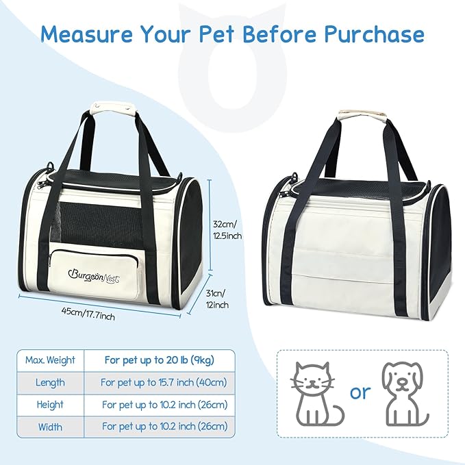 BurgeonNest Cat Carrier for Large Cats 20 lbs,Medium Pet Under 25 lbs,2 Puppy and Small Dogs with Unique Side Bag,Top Load Pet Carrier Soft-Sided Escape Proof with 4 Ventilated Windows