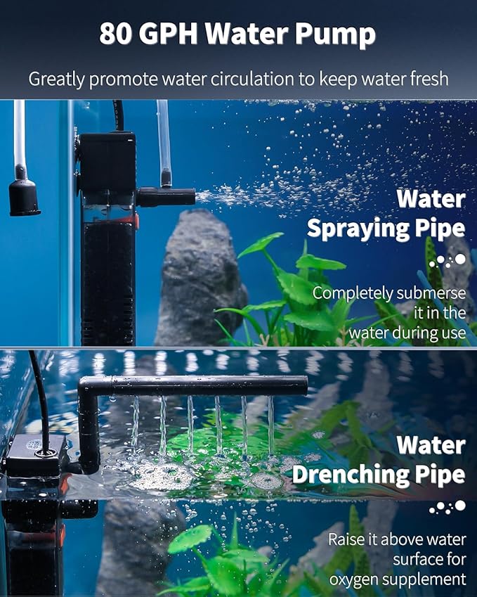 Pawfly Internal Aquarium Filter with 80 GPH Water Pump Quiet Submersible Bio Sponge Foam Filter for 10 to 20 Gallon Fish Tanks Small Multifunctional Filter for Filtration Circulation and Oxygenation