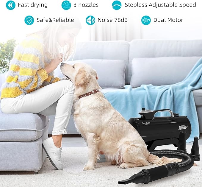 shernbao Dog Dryer High Velocity Professional Dog Pet Grooming Hair Drying Force Dryer Blower 6.0HP (DHD-2400T) (6.0HP, Jet Black)