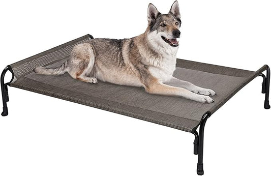 Veehoo Outdoor Elevated Dog Bed, Raised Dog Cot for Large Dogs, Cooling Washable Waterproof Pet Hammock Beds with Slope Headrest, Breathable Mesh and Sturdy Frame, Large, Brown, CWC2204