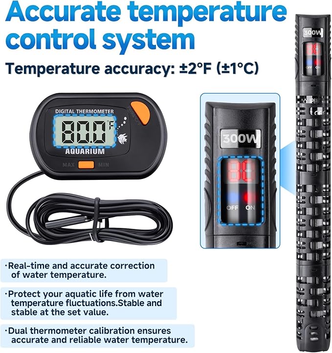 Aquarium Heater Submersible Fish Tank 300W& Turtle Tank Heater with External Adjustment Controller, Included Thermometer, LED Display, Overheat Protection, Detachable Cover, for Saltwater&Freshwater