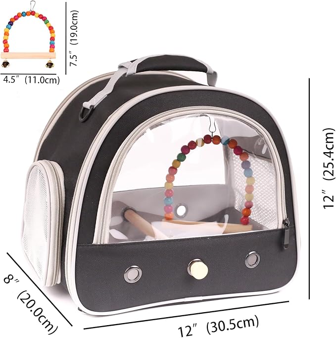 Portable Parrot Travel Cage Carrier with Small Swing Toy&Cage Colorful Toys Set Small Bird Parakeet Bag with Standing Perch Bird Carry Transport Bag (Black, Carreir/Swing)