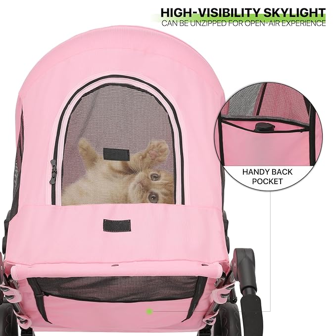 Magshion Pet Stroller for Medium Dogs w/Adjustable Handle, 3-Wheel Dog Cat Wagon w/Dual Entry, Rear Storage, Breathable Mesh, One-Foot Brake, Ideal for Large Pets up to 55 lbs, Pink