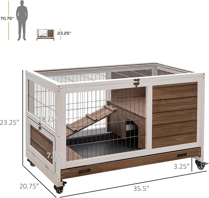 PawHut Wooden Rabbit Hutch Indoor Outdoor, Elevated Bunny Cage with No Leak Tray Enclosed Run with Wheels, Ideal for Guinea Pigs and Small Animals, Brown