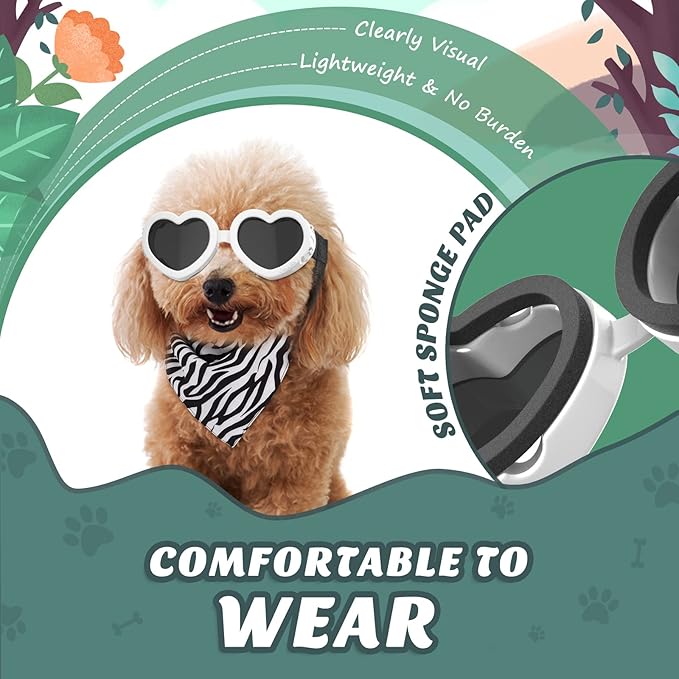 Small Dog Sunglasses UV Protection Goggles Eye Wear Protection with Adjustable Strap Doggy Heart Shape Anti-Fog Sunglasses for Pet Dogs Sun Glasses Doggie Windproof Glasses, White