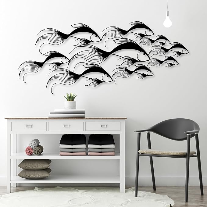 School of Fish Metal Wall Art, Metal Fish Wall Decor, Sea Life Wall Art, Large Nautical Wall Hanging, Modern Beach House Wall Decor, Ocean Themed Artwork for Bathroom (Black, 48"x20" | 121x51cm)