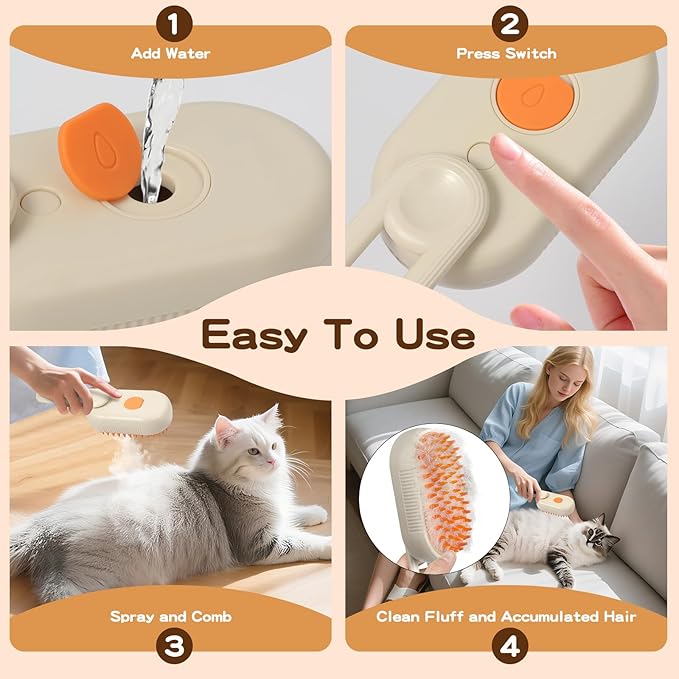 Pet Steam Brush, Rechargeable Cat Steam Brush for Shedding, 2025 New & 4 in 1 Pet Spray Hair Removal Comb with Anti-Static,Massage, Cleaning, Shedding & Combing All In One! (Khaki)