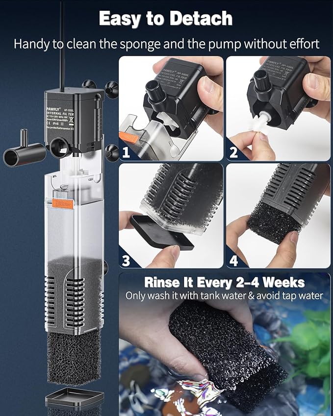 Pawfly Internal Aquarium Filter with 160 GPH Water Pump Quiet Submersible Bio Sponge Foam Filter for 30 to 60 Gallon Fish Tanks Multifunctional Filter for Filtration Circulation and Oxygenation