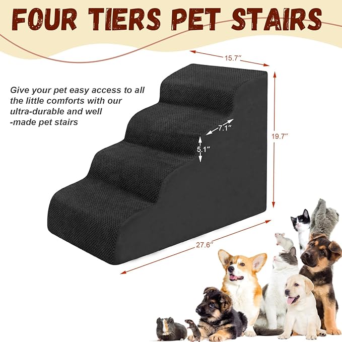 Dog Stairs for Small Dogs - High Density Foam Pet Steps, Extra Wide Dog Ramp with Non-Slip Bottom for High Beds, Couch and Sofa, Best for Dogs Injured, Older Doggy Cats, 4 Steps, Black